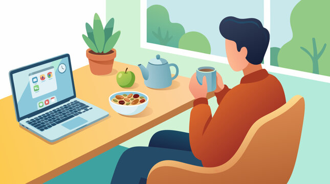 Faceless man having breakfast and working on laptop at home office, healthy morning routine concept flat vector illustration