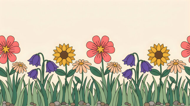 Retro Flower Meadow Border with Sunflowers Daisies and Bluebells Illustration