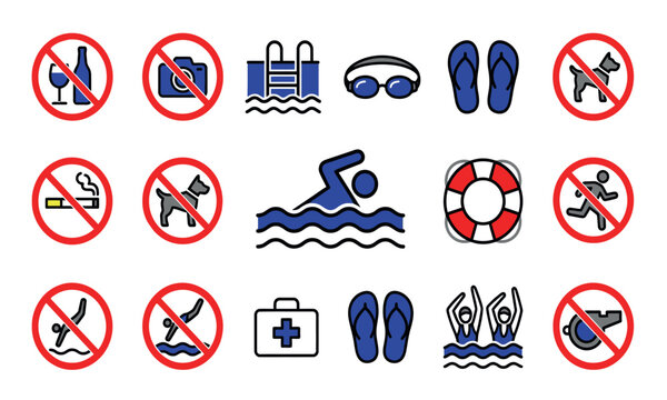 Collection of prohibition icons depicting restricted activities around a swimming pool and beach area symbols signs restriction forbidden camera alcohol