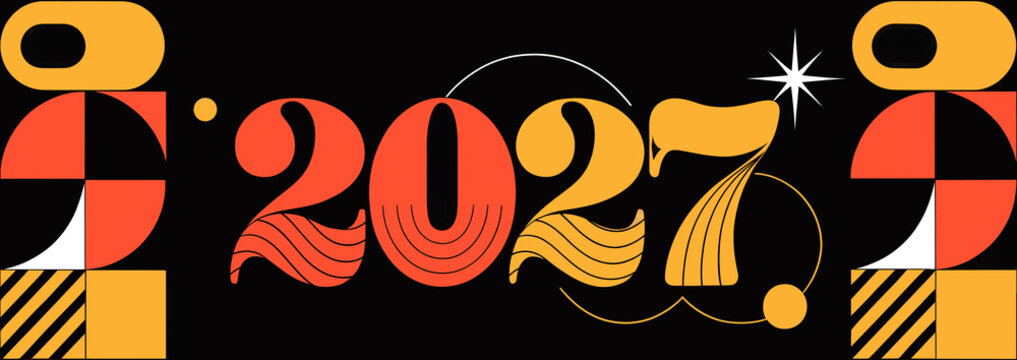 Retro bold 2027 typography with geometric shapes on black