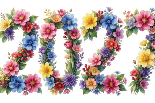 Floral numbers 2023 created with vibrant wildflowers and greenery. Colorful blossoms form the digits for a spring or summer theme. Perfect for invitations, greeting cards, or seasonal decor.
