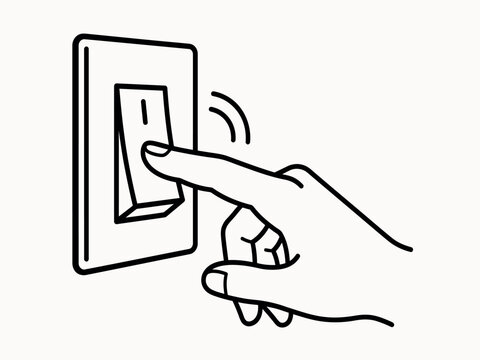 A hand presses a rectangular light switch on a wall depicted in a simple line style activation appliance architecture automation