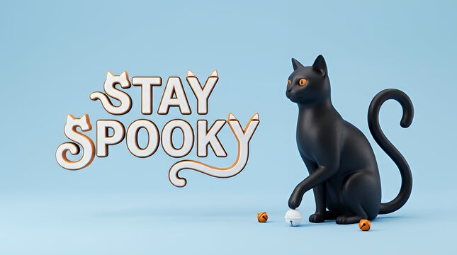 3D Stay Spooky Banner with Black Cat Sculpture and Golden Bells on Pastel Blue Background for Retail Marketing