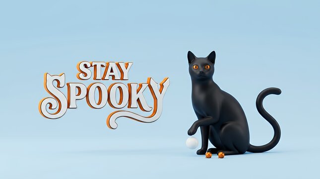 3D Stay Spooky Holiday Banner Featuring Sleek Black Cat and Festive Bells on Light Blue Background for Web Design