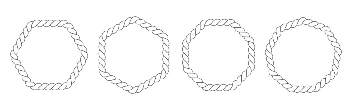 Round rope curve symbol collection. Pattern rope brush. Hexazon, square, oval and heart shape in sea sailor theme, nautical rope collection, flat vector illustration.Vintage nautical braided cord.