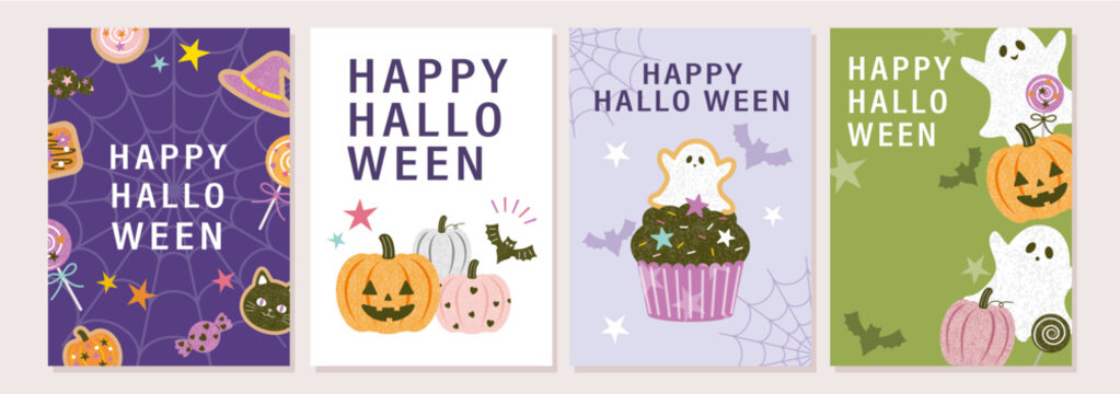 Halloween poster set with cute Halloween cupcakes, pumpkins, ghosts, and candies. Halloween flyers and advertisements.