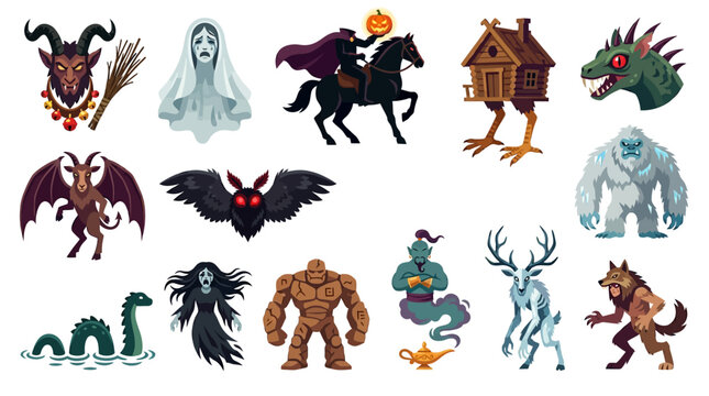 Mythical creatures and folklore monsters collection, 14 fantasy beast vector icons, spooky halloween character set for gaming and stickers