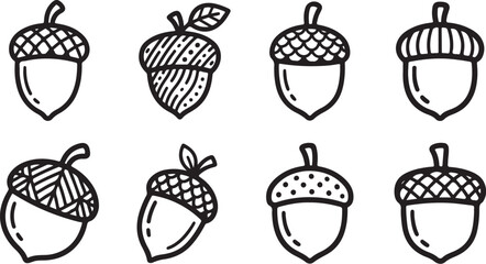 Varied acorn illustrations in black and white © tarik