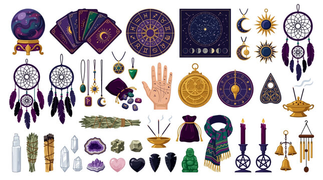 Mystical occult collection with tarot cards and crystals. Esoteric witchcraft set with 35 vector icons. Celestial astrology and magic tools.