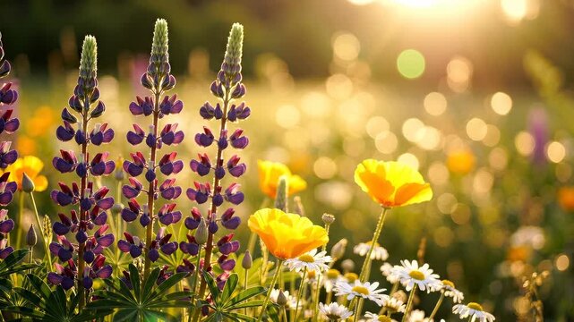 Beautiful colorful wildflowers swaying in a sunny meadow at sunset with golden sunlight and soft bokeh background