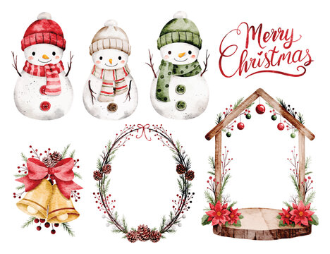 Watercolor Illustration Set of Snowman and Christmas Elements
