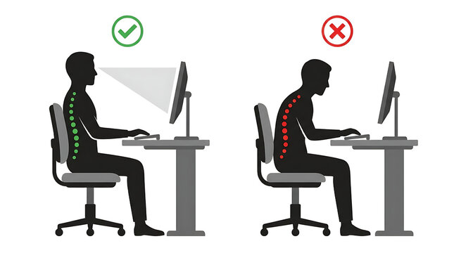 Ergonomic sitting posture comparison, correct and incorrect office desk position, healthy spine alignment for computer work