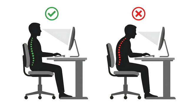 Ergonomic posture comparison, correct and incorrect sitting positions at office desk, healthy spine alignment for computer work