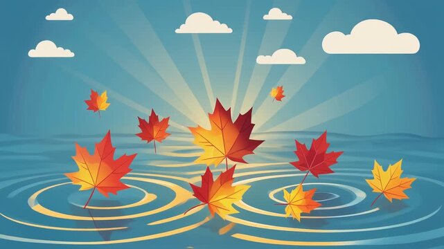 Autumn maple leaves falling into water creating ripples under a sunny sky