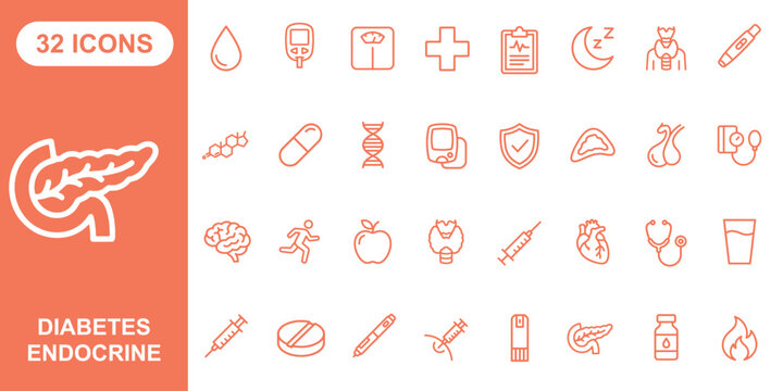 Diabetes and endocrine system icons set, 32 medical line icons for healthcare, orange outline icons for endocrinology and insulin therapy