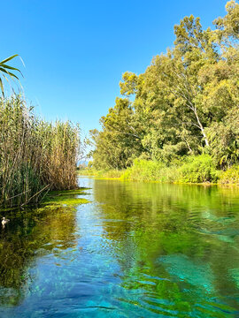 Azmak River in Akyaka village of Mugla. Cold water during the hot summer season. Nature conservation area. A popular tourist destination. Landscape.