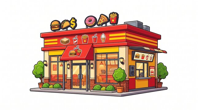 Cartoon fast food restaurant building, colorful diner with burger and pizza signs, vibrant takeout eatery illustration isolated PNG with Transparent Background