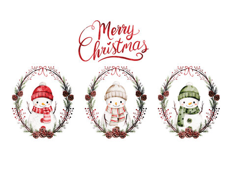Watercolor Illustration Set of Christmas Frame with Cute Snowman