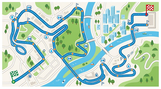 Detailed City Marathon Route Map Vector Asset Illustrating a Complex Urban Race Course With Rivers, Bridges, and Buildings
