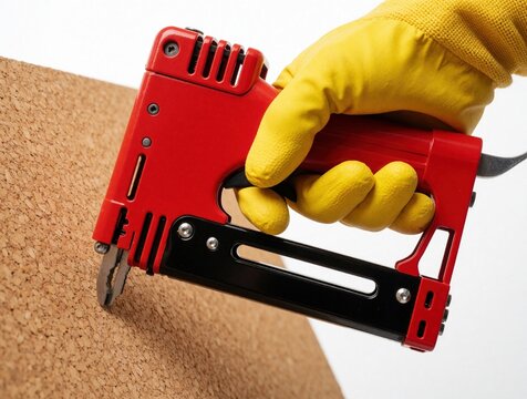 Hand wears yellow glove using red staple gun to attach item to cork board. Worker fastens material on white background with tool. Construction or craft work.