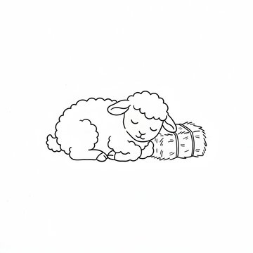 Cute sleeping lamb resting beside a hay bale, simple black and white line art illustration.