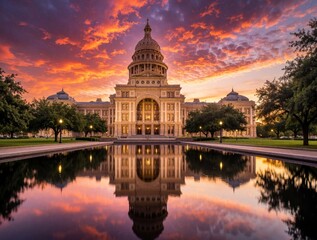 Obraz premium Surreal Texas Capitol Building in Austin under dramatic sunset sky. Dreamlike architecture shows golden dome, grand structure reflected in calm water pool. Colorful orange clouds create fantasy