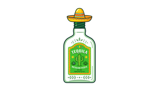 Mexican tequila bottle vector illustration with tiny sombrero hat cactus label and ornamental decoration for fiesta party bar menu design