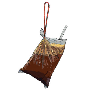 Traditional Malaysian iced coffee or 'Kopi Ais Ikat Tepi' served in a takeaway plastic bag tied on one side, isolated, hand drawn illustration.