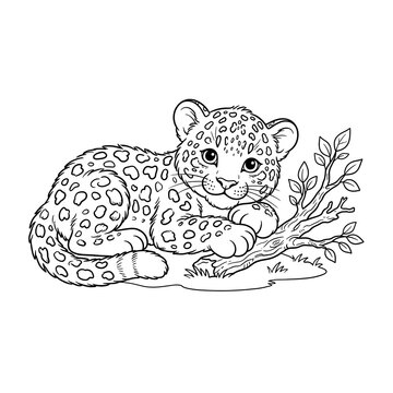 Cute leopard cub lying by a tree branch, black and white line art illustration.