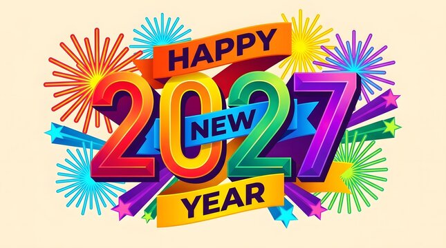 Vibrant Happy New Year 2027 celebration banner featuring 3D colorful numbers wrapped with yellow ribbons and exploding colorful fireworks in the background.