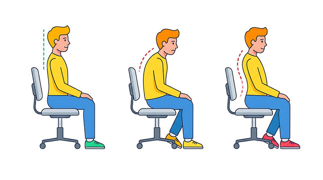 Ergonomic sitting posture diagram, correct and incorrect back positions for office work, spinal health illustration