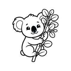 Fototapeta premium Cute Baby Koala Hugging a Tree Branch with Leaves, Adorable Australian Animal Coloring Page for Kids