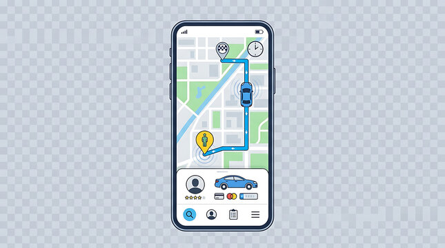 Modern ride-hailing app interface showing navigation map and car details on a smartphone screen
