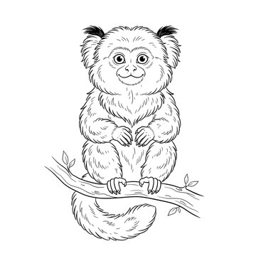 Cute marmoset monkey sitting on a tree branch, hand drawn black and white line art illustration