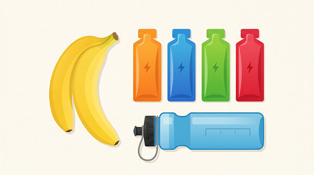 Running essentials: healthy snacks and hydration for active lifestyles, depicted in a vibrant vector flat lay.