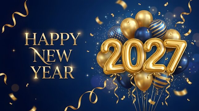 Festive Happy New Year 2027 landscape background with shiny 3D golden and blue metallic balloons, falling golden ribbons, and glitter sparkles.