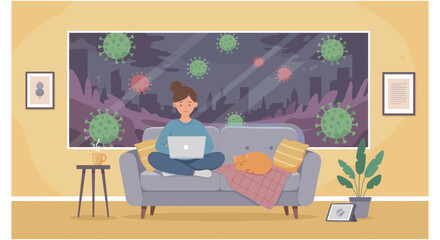Fototapeta premium Person working on a laptop while sitting on a couch with a cat as menacing virus cells loom over a cityscape seen through a large window in the background.