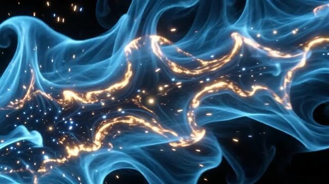 Blue cosmic energy stream with glowing stars and nebula waves on black background