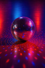 Fototapeta premium Disco ball reflecting colorful red and blue lights on dark dance floor creating vibrant party atmosphere with shiny mirrored surface and scattered light spots
