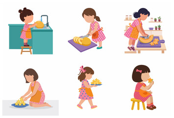 Little girl preparing and eating healthy star-shaped melon snacks vector illustration set