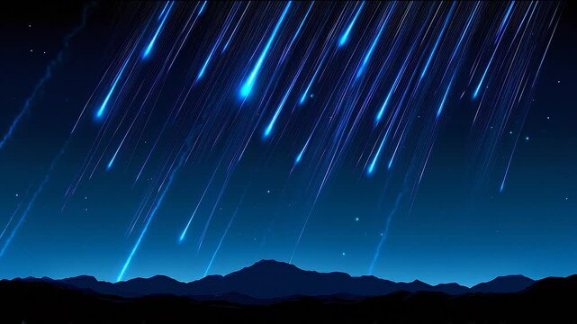 Meteor shower night sky with bright falling stars and mountain silhouette