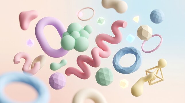 Floating Colorful Pastel 3D Geometric Shapes Composition