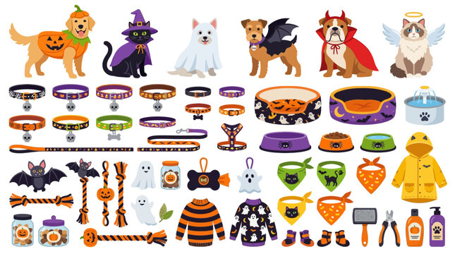 Halloween pet accessories collection, cute dogs and cats in spooky costumes, pet supply vector set for holiday marketing