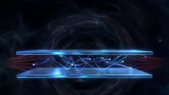 abstract digital representation of quantum physics concepts in a cosmic background