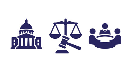 Naklejka premium Legal and government services icons featuring courthouse building scales of justice with gavel professional boardroom meeting government business administration corporate