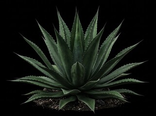 Fototapeta premium Sharp spiky green agave plant growing in dark rocky soil isolated against a solid black background.