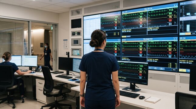 Nurse monitoring vital signs on large digital screens in hospital control room, patient data display with heart rate graphs and telemetry system, modern healthcare technology