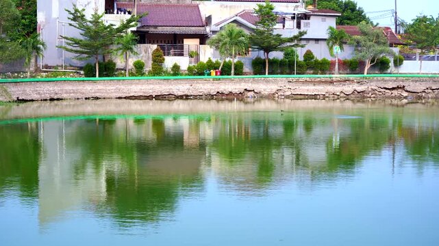 Low Water Level in Small Lake Drought Urban park lake with a significantly reduced water level and exposed dry retaining wall banks during seasonal drought, highlighting climate.