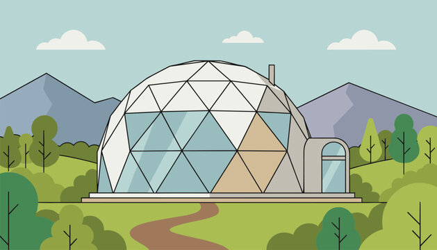 Modern geodesic dome house built in a picturesque mountain landscape surrounded by lush green trees under a blue sky with clouds.