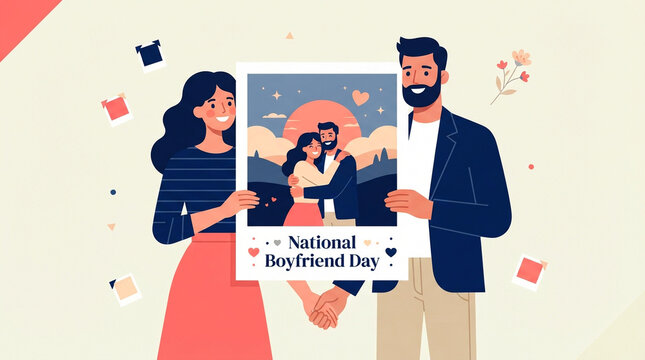 National Boyfriend Day illustration, hand holding polaroid photo, couple kissing, romantic holiday design, love concept, business and lifestyle, people, vector icon